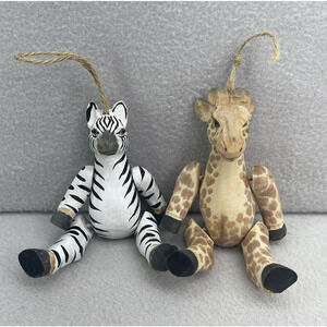 VTG Primitive Carved Wood Jointed Zebra Giraffe Ornament Folk Art Christmas